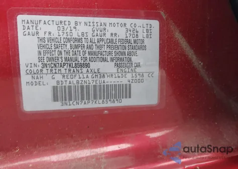 2019 Nissan Versa 1.6 Sv z USA, uszkodzony, nr VIN 3N1CN7AP7KL859890